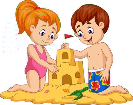 Children making sand castle at tropical beach vector