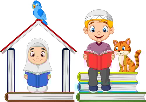 Cartoon Muslim kids reading a book with pile of books and forming a house vector