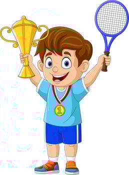 Little boy holding gold medal and tennis trophy vector