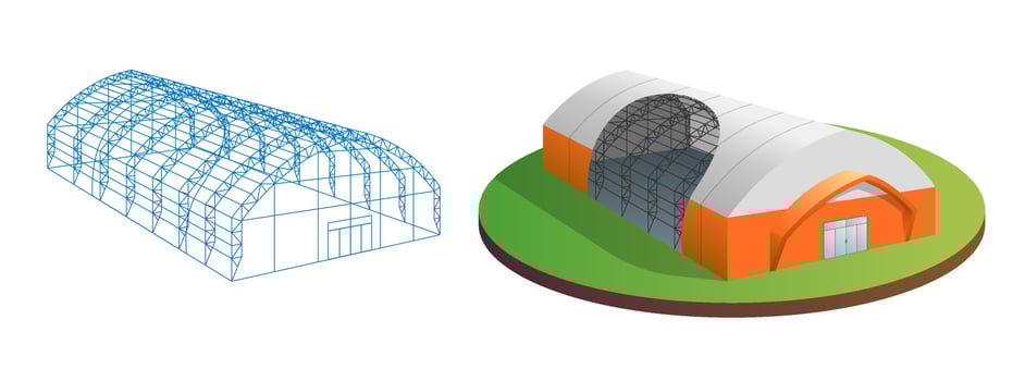Temporary industrial 3d tent and barn construction building wireframe. Awning tarpaulin warehouse hangar. Commercial exhibition tunnel hall. Factory production distribution and storage design concept vector