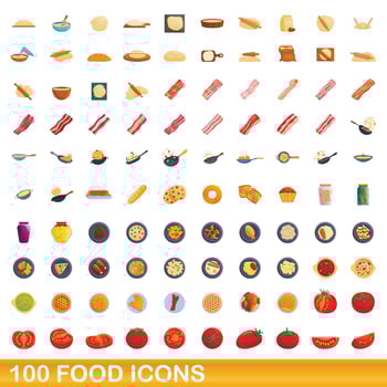 100 food icons set, cartoon style vector