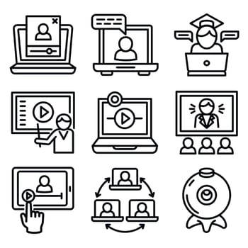 Webinar icons set, outline style vector