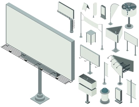 Outdoor advertising icons set, isometric style vector