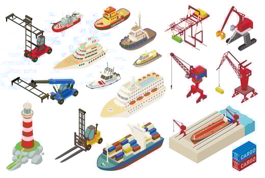 Marine port icons set, isometric style vector