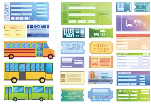 Bus ticketing icons set, cartoon style vector