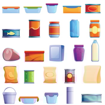 Food storage icons set, cartoon style vector