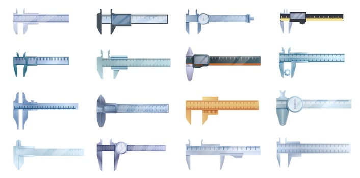 Calipers icons set, cartoon style vector