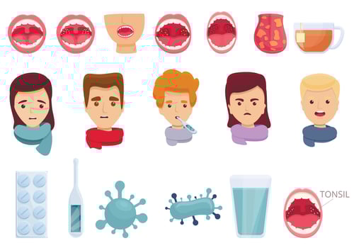 Tonsillitis icons set, cartoon style vector
