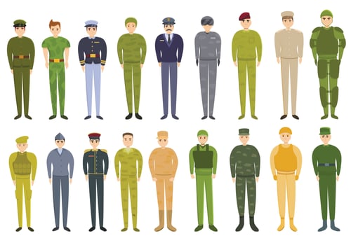 Military uniform icons set, cartoon style vector