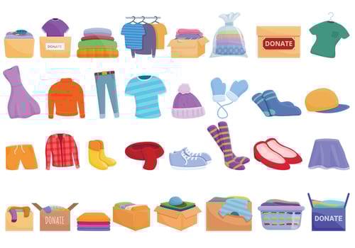 Clothes donation icons set, cartoon style vector