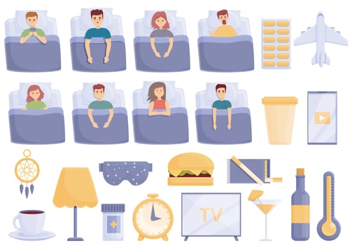 Sleep problems icons set cartoon vector. Sleep pillow and mask vector