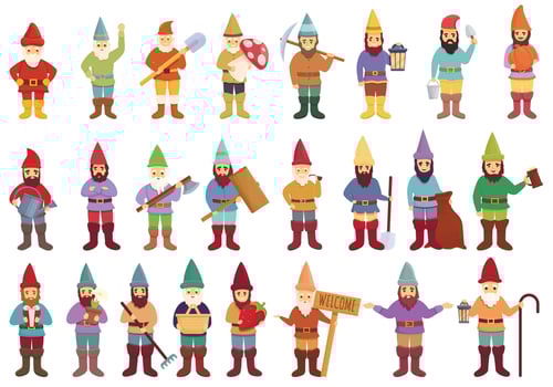 Garden gnome icons set, cartoon style vector