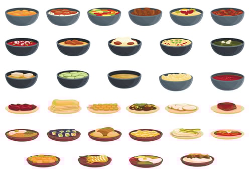 Korean cuisine icons set, cartoon style vector
