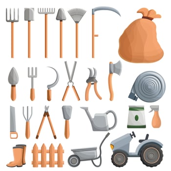 Farming equipment icon set, cartoon style vector
