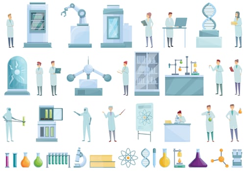Laboratory research icons set cartoon vector. Science dna vector