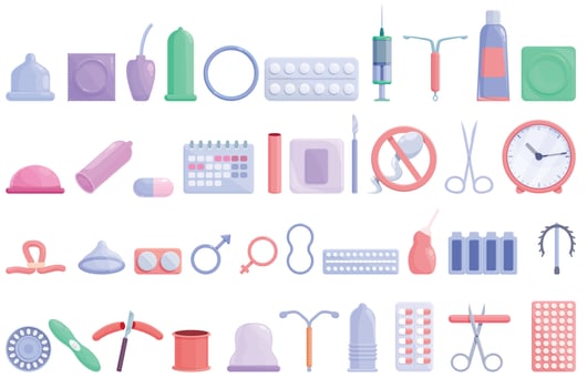 Contraceptives icons set cartoon vector. Birth control vector