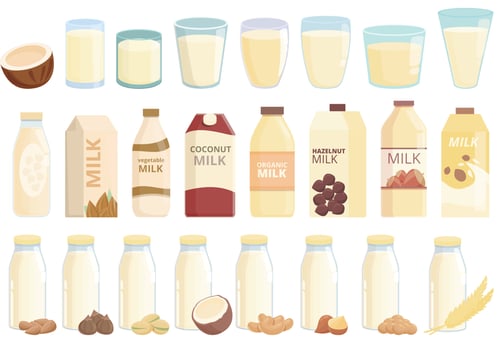 Vegetable milk icons set cartoon vector. Almond soy vector