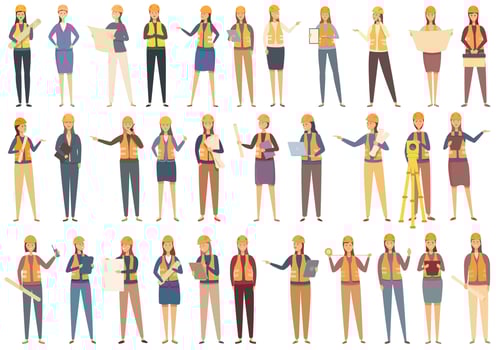 Female construction engineer icons set cartoon vector. Architect worker vector
