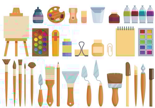 Painting studio icons set cartoon vector. Painter woman vector