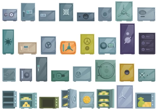 Deposit box icons set cartoon vector. Safe bank vector