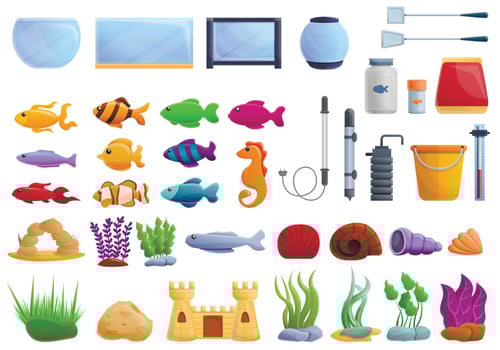 Aquarium icons set, cartoon style vector