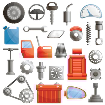 Car parts icons set, cartoon style vector
