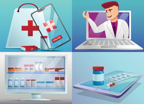 Online pharmacy banner set, cartoon style vector