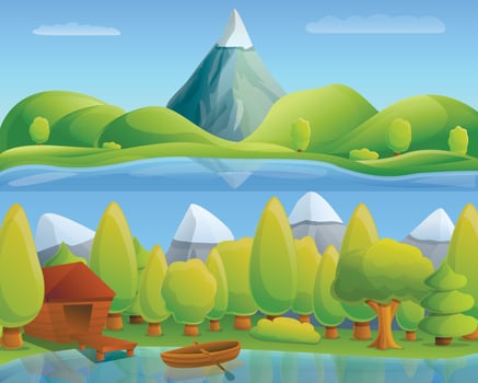 Mountain lake concept banner, cartoon style vector