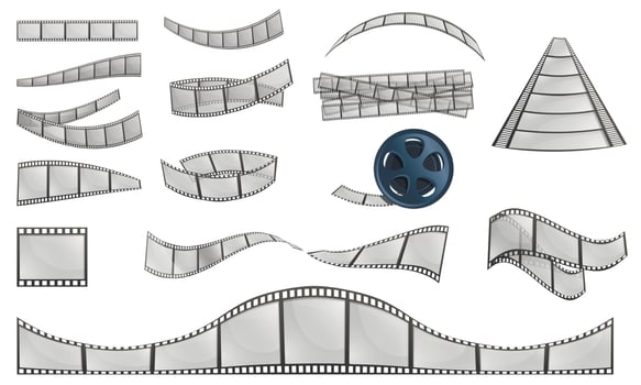 Filmstrip camera icons set, cartoon style vector