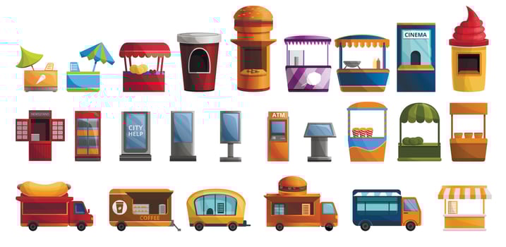 Street kiosk icon set, cartoon style vector