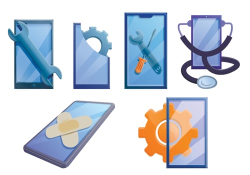 Mobile phone repair icons set, cartoon style vector
