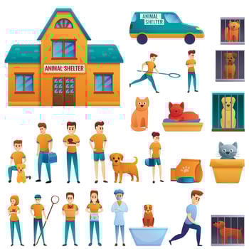 Homeless shelter icons set, cartoon style vector