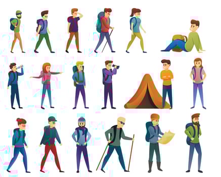 Hiking icons set, cartoon style vector