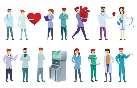 Cardiologist icons set, cartoon style vector