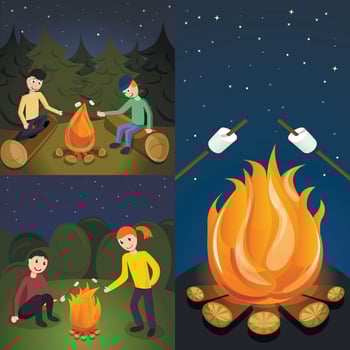 Campfire marshmallow banner set, cartoon style vector