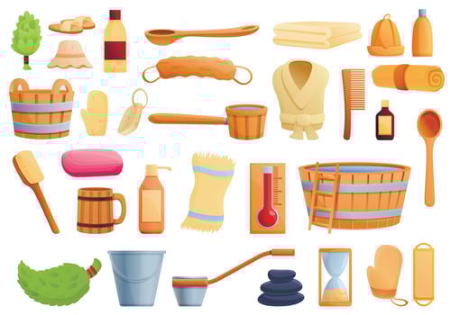 Sauna icons set, cartoon style vector