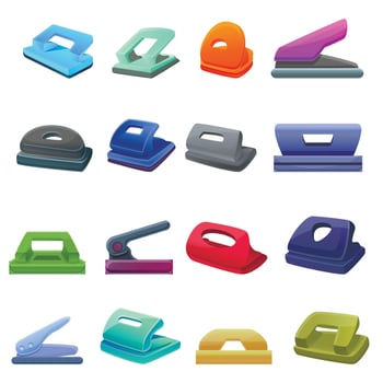 Hole puncher icons set, cartoon style vector