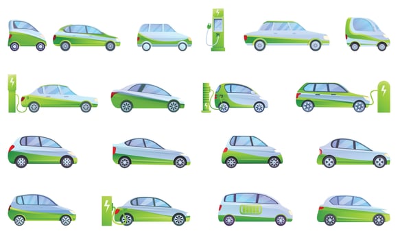 Hybrid car icons set, cartoon style vector
