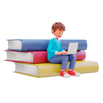 Online courses with students sitting on books pile with laptops notebooks png