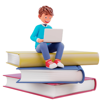 Online courses with students sitting on books pile with laptops notebooks png