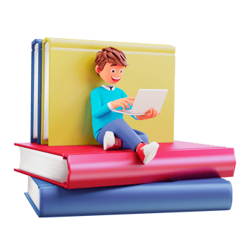 Online courses with students sitting on books pile with laptops notebooks png