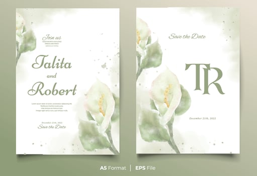 Watercolor wedding invitation template with white and green flower ornament vector