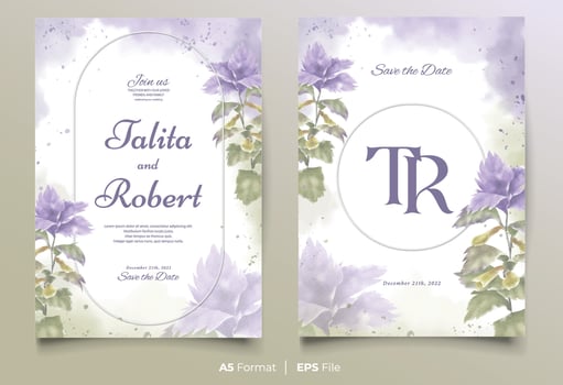 Watercolor wedding invitation template with purple and green flower ornament vector
