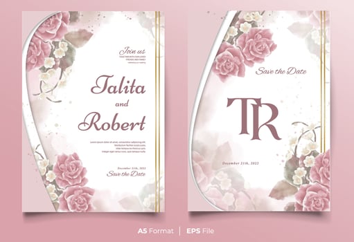 Watercolor wedding invitation template with pink and brown flower ornament vector
