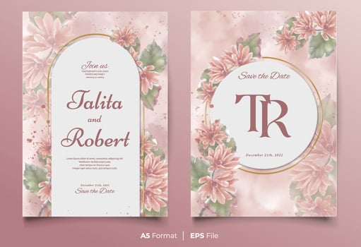 Watercolor wedding invitation template with pink and green flower ornament vector