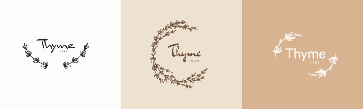 Thyme plant badges and logo. Stamp labels for tag with isolated thyme leaves. Hand drawn natural sign for tag product in simple rustic design. Logo design templates for vintage branding vector