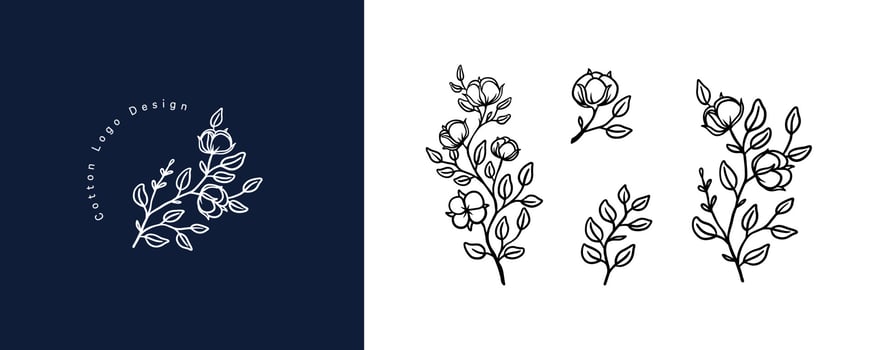Set of organic cotton plant illustration and badges logo template. Vintage stamp labels for tag with isolated cotton flower. Collection of Hand drawn natural sign and rustic design element. vector