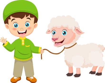 Cute cartoon muslim boy celebrating Eid al Adha with lamb vector
