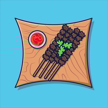 satay with chili sauce on a wooden plate illustration and vector