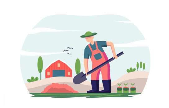 Flat design illustration of red shirt farmer and garden rural plant vector